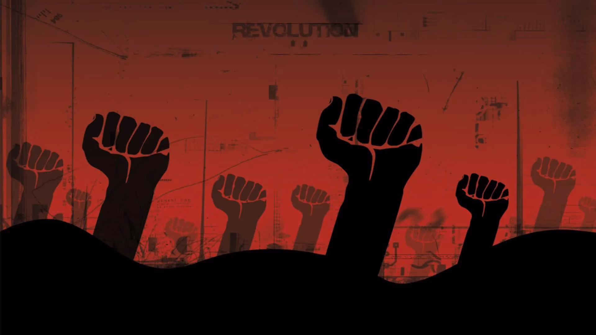 Silhouetted raised fists against a red background