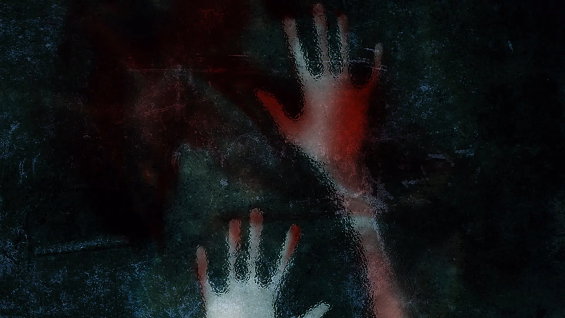 Two hands reaching up out of darkness, one of them smeared red